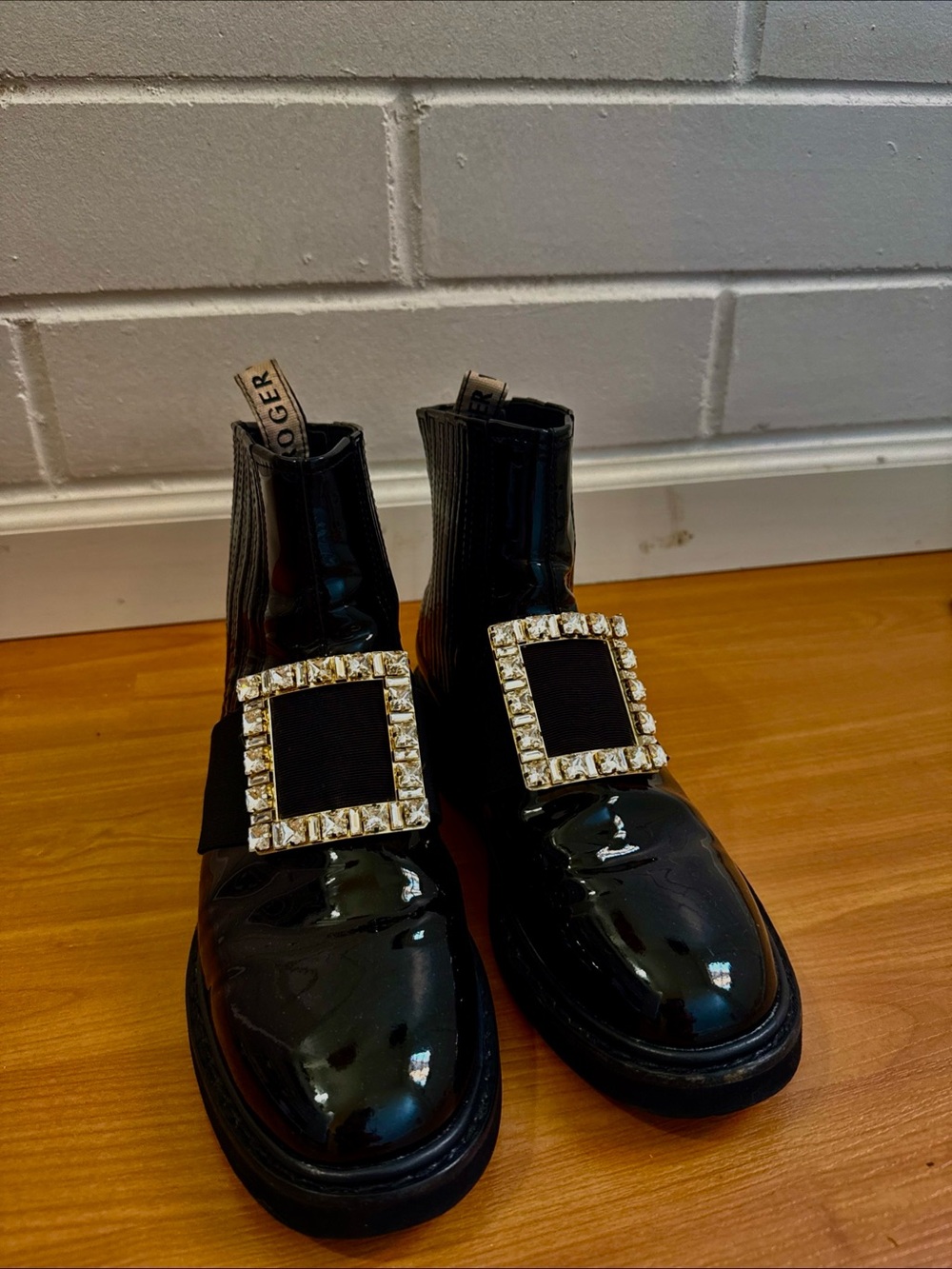 Roger Vivier Patent Leather Black Ankle Boots with Crystal Buckle